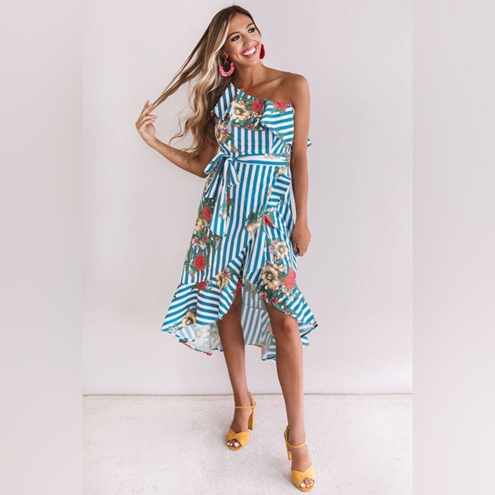 Flying Tomato High Low Floral Striped Dress